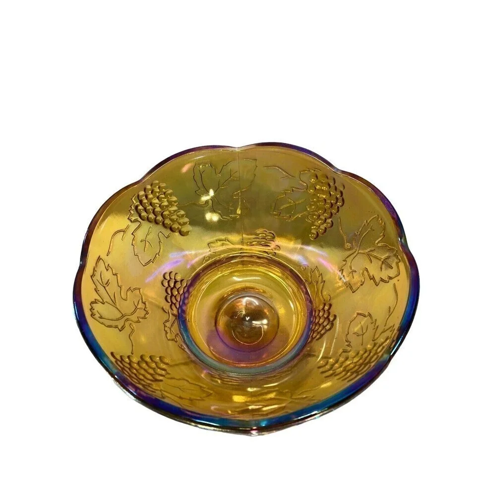 Vintage Amber Marigold CARNIVAL GLASS‎ Compote Pedestal BOWL Iridescent Grapes